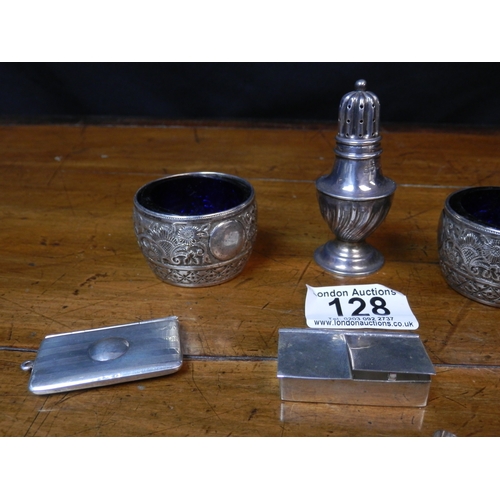 128 - Collection of Silver Items to include Pair of Salts with Blue Glass, Vesta Cases, Pepper Shaker and ... 