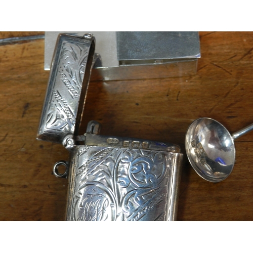 128 - Collection of Silver Items to include Pair of Salts with Blue Glass, Vesta Cases, Pepper Shaker and ... 