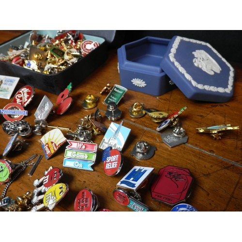 130 - Wedgwood Box & two others filled with Collectable Pin Badges