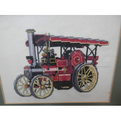 142 - Framed Cross Stitch Artwork of a Traction Engine