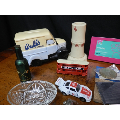 143 - Box of Curios to include Pair of Wedgwood Candlesticks, Guinness Lighter, Grammaphone Needles and ot... 