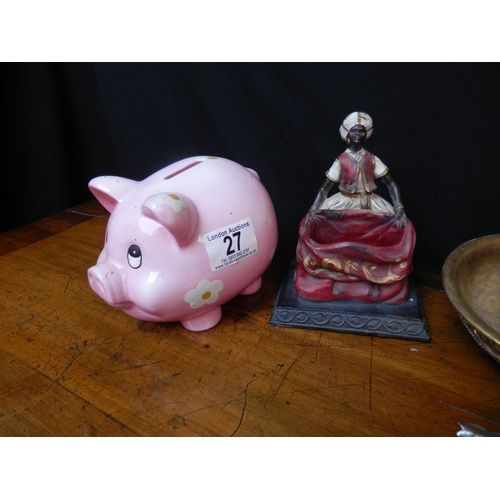 27 - Shelf of Bric a Brac to include Two Blackamoor Style Figures, Two Piggy Banks, Handicraft Brooch etc... 