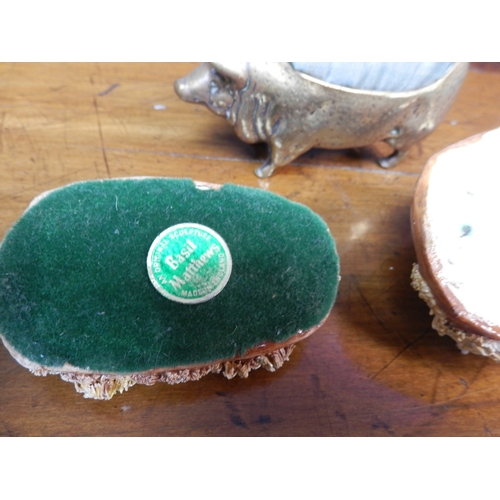 32 - Victorian Brass Pin Cushion in the form of a Pig together with Two Basil Matthews Pig Figurines