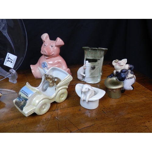 37 - Lot of Collectables to include Wade Pigs, other Novelty Pig Figurines, a Centrepiece Dish etc.