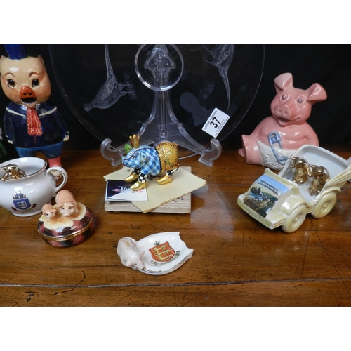 37 - Lot of Collectables to include Wade Pigs, other Novelty Pig Figurines, a Centrepiece Dish etc.