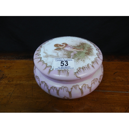 53 - 19th Century French Pink Opaline Glass Bowl with cover, Gilt Decoration with Cherub Piper cover, 18c... 