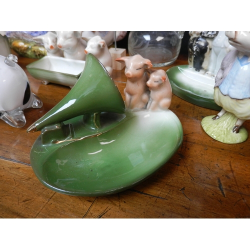 72 - Interesting Shelf of Bric a Brac to include Rabbit Tureen, Beswick Beatrix Potter, German Novelty Pi... 