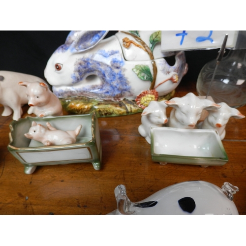 72 - Interesting Shelf of Bric a Brac to include Rabbit Tureen, Beswick Beatrix Potter, German Novelty Pi... 