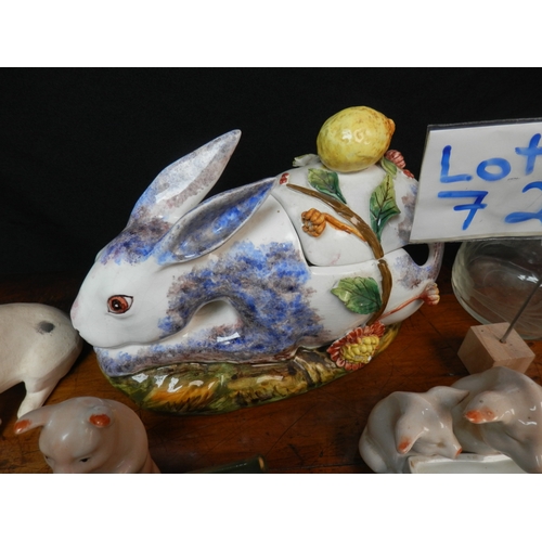 72 - Interesting Shelf of Bric a Brac to include Rabbit Tureen, Beswick Beatrix Potter, German Novelty Pi... 