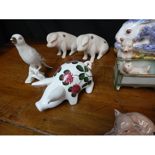 72 - Interesting Shelf of Bric a Brac to include Rabbit Tureen, Beswick Beatrix Potter, German Novelty Pi... 