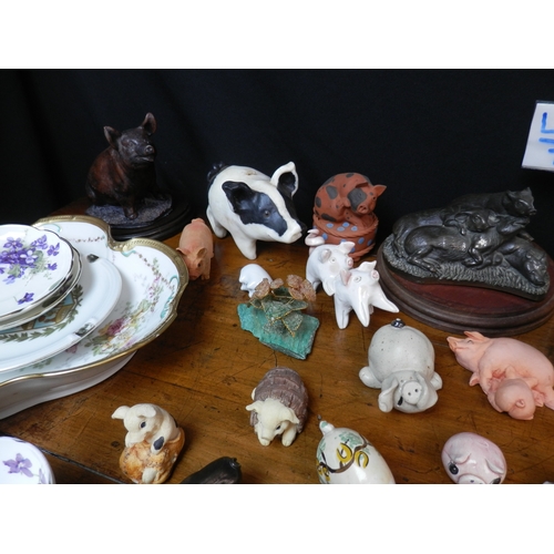 78 - Good Shelf of Bric a Brac to include Pig Figurines, China etc.