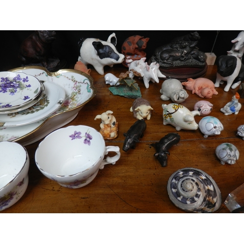 78 - Good Shelf of Bric a Brac to include Pig Figurines, China etc.