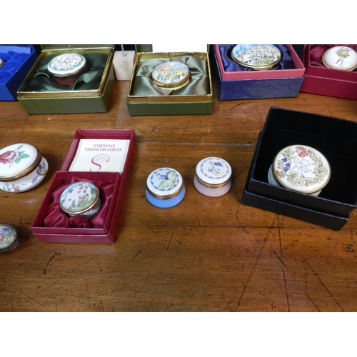 79 - Group of Mint & Boxed Enamelled Trinket Boxes including Halcyon Days, Durbarry, Crummles etc.