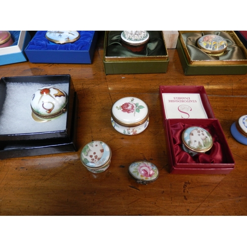 79 - Group of Mint & Boxed Enamelled Trinket Boxes including Halcyon Days, Durbarry, Crummles etc.