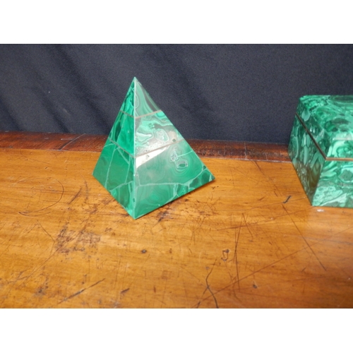 167 - Collection of Three Malachite Boxes together with a Malachite Pyramid