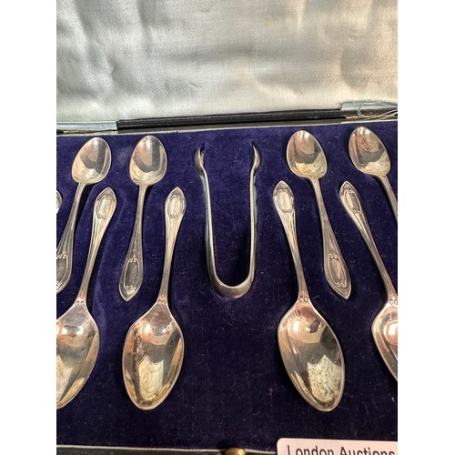 287 - Cased Set of Walker and Hall Teaspoons and Tongs, Sheffield c.1920s