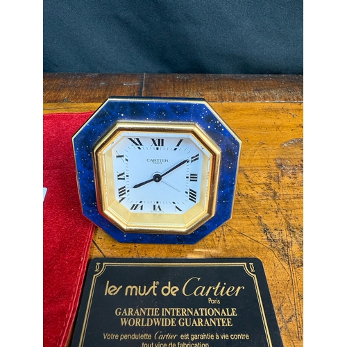 282 - Cartier Paris Blue Enamel Travel Alarm Clock with Original Guarantee Card and Carry Bag