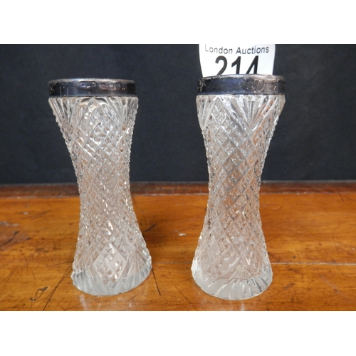 214 - Pair of Crystal Vases with Silver Rims Marked Birmingham 1904