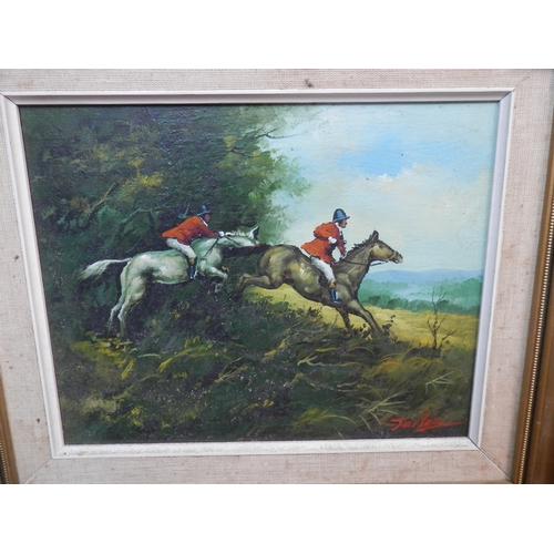 235 - Signed Oil on Canvas of Horseriders Jumping a Hedge on a Hunt after Michael Lyne Framed