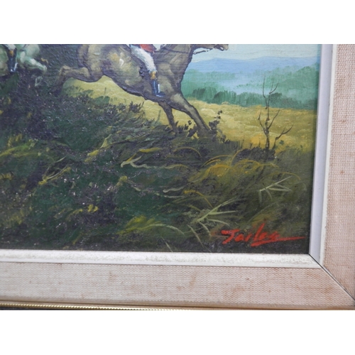 235 - Signed Oil on Canvas of Horseriders Jumping a Hedge on a Hunt after Michael Lyne Framed