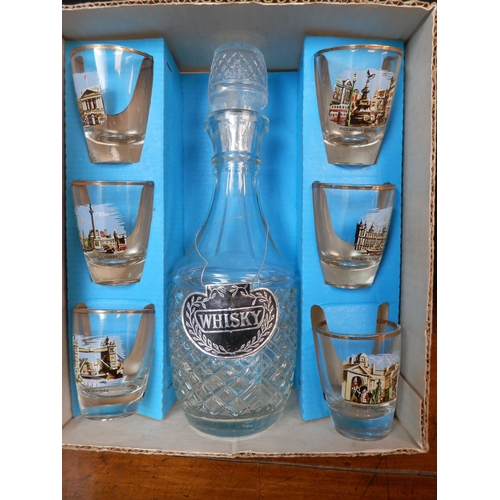 248 - International Giftware Set of Six London Landmark Shot Glasses and Crystal Whiskey Bottle in Box