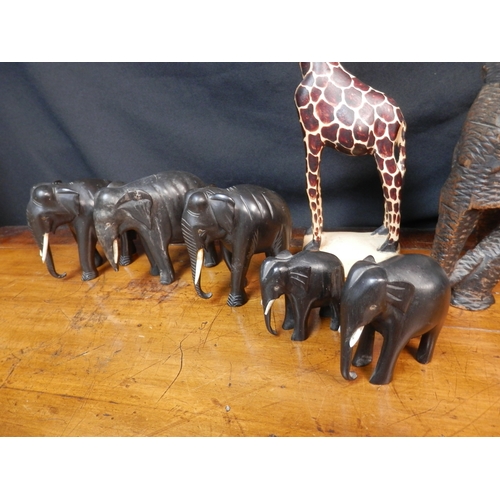 382 - Herd of Hardwood Elephants together with a Wooden Giraffe (7)