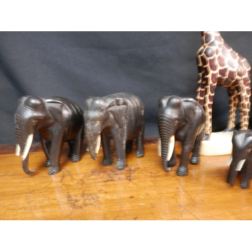 382 - Herd of Hardwood Elephants together with a Wooden Giraffe (7)