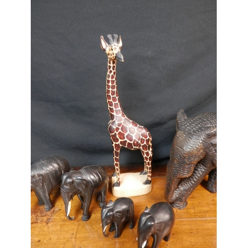 382 - Herd of Hardwood Elephants together with a Wooden Giraffe (7)