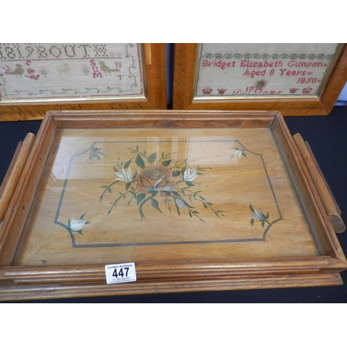 447 - Vintage Wooden Serving Tray with hand painted Flower pattern together with Two Framed Victorian Samp... 