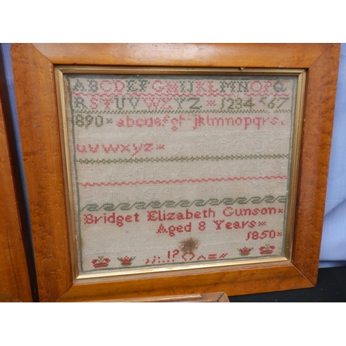 447 - Vintage Wooden Serving Tray with hand painted Flower pattern together with Two Framed Victorian Samp... 