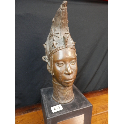 453 - Benin Bronze Queen Mother Head on a Wooden Mount (50cm)