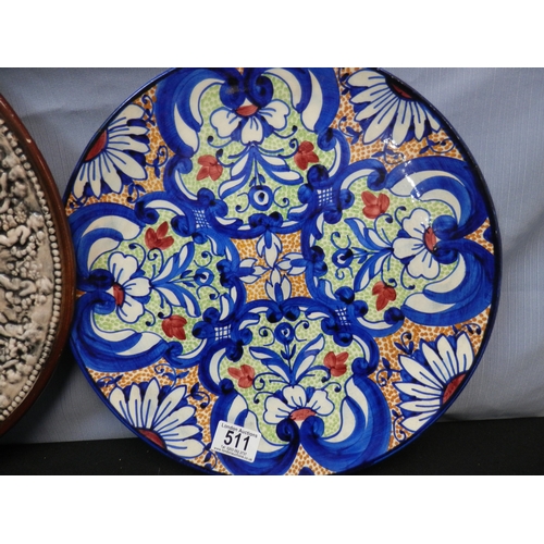 511 - Pair of Hand Painted Mediterranean Chargers together with a Classical Style Charger with a Relief Pa... 