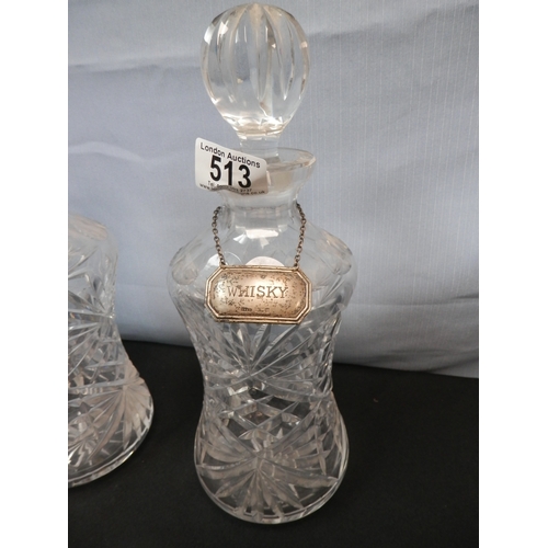 513 - Two Decanters with Silver Hanging Labels One Sherry, One Whisky Both Hallmarked Birmingham c1983-198... 