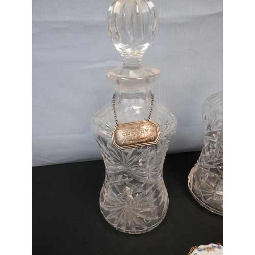 513 - Two Decanters with Silver Hanging Labels One Sherry, One Whisky Both Hallmarked Birmingham c1983-198... 