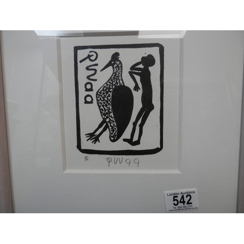 542 - Qwaa Mangana (192?-1997)
Kori Bustard & Man, 1993
Framed Linocut on Japanese Paper, 16cm x 14cm