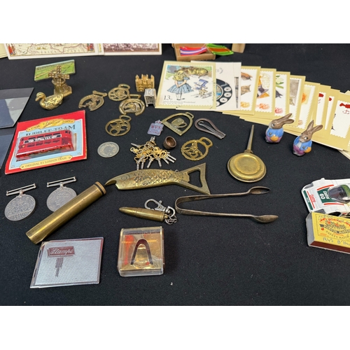 295 - Good Lot of Smalls and Curios to include Stamps, Brass Ornaments, Second World War Defence Medal & W... 