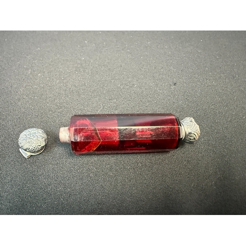 487 - Antique Ruby Red Glass Silver Lidded Double Ended Perfume Bottle