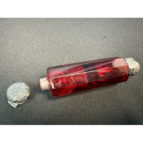 487 - Antique Ruby Red Glass Silver Lidded Double Ended Perfume Bottle