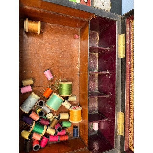 664 - 19th Century Mother of Pearl inlaid fitted vanity box, containing a white metal lidded box and cellu... 