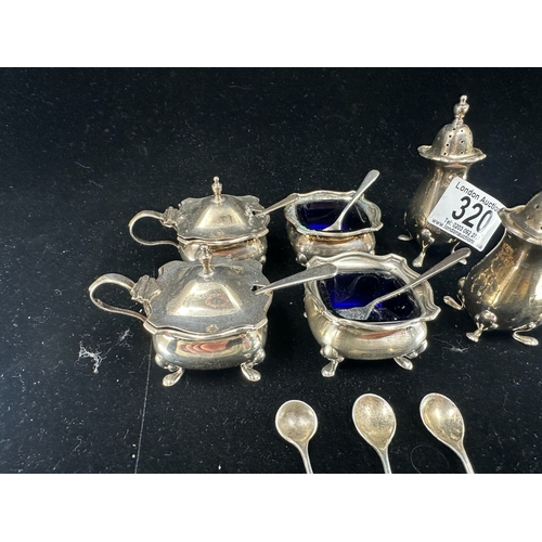 320 - Mappin. & Webb Hallmarked Silver Salts, Open Salts, Pepper Pots and Salt Spoons Birmingham 1920 with... 