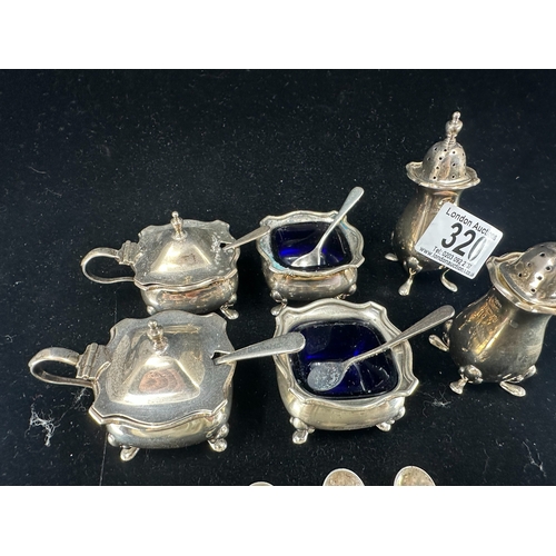 320 - Mappin. & Webb Hallmarked Silver Salts, Open Salts, Pepper Pots and Salt Spoons Birmingham 1920 with... 