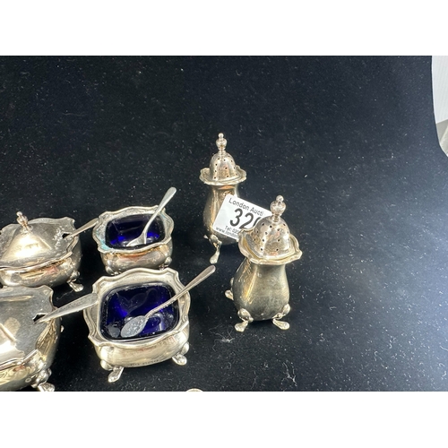 320 - Mappin. & Webb Hallmarked Silver Salts, Open Salts, Pepper Pots and Salt Spoons Birmingham 1920 with... 