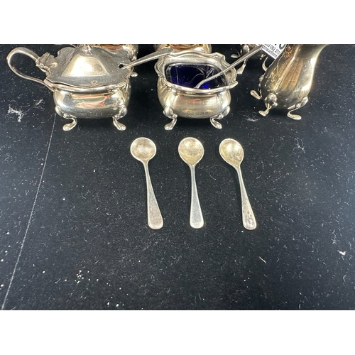 320 - Mappin. & Webb Hallmarked Silver Salts, Open Salts, Pepper Pots and Salt Spoons Birmingham 1920 with... 