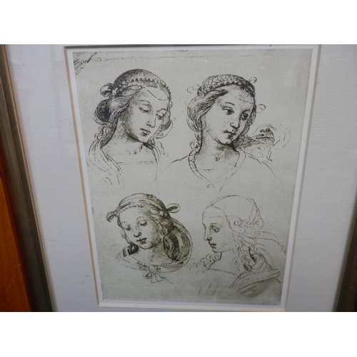 534 - Framed Print after Raphael, Study of Four Faces. 38cm x 33cm