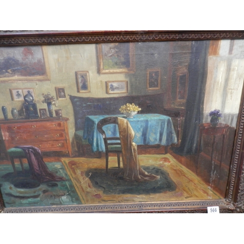 566 - 19th Century Signed Oil on Canvas of an Interior in Period Frame (approx 96x72cm)