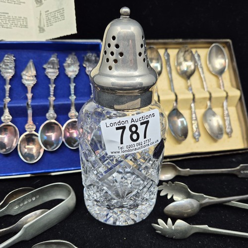 787 - Stuart Crystal Silver Plated Top Sugar Shaker together with Two Boxes of Plated Spoons and a Quantit... 