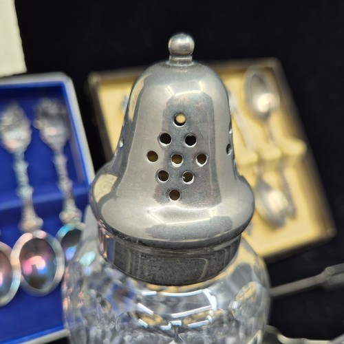 787 - Stuart Crystal Silver Plated Top Sugar Shaker together with Two Boxes of Plated Spoons and a Quantit... 