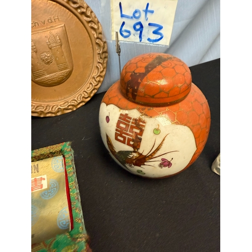 693 - Mixed Lot to include an Ornate Ladies Umbrella Handle, Bell & Howell Speedter, Chinese Soapstone Bru... 