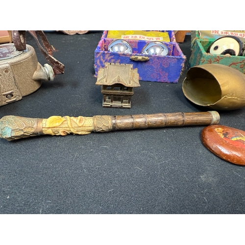 693 - Mixed Lot to include an Ornate Ladies Umbrella Handle, Bell & Howell Speedter, Chinese Soapstone Bru... 