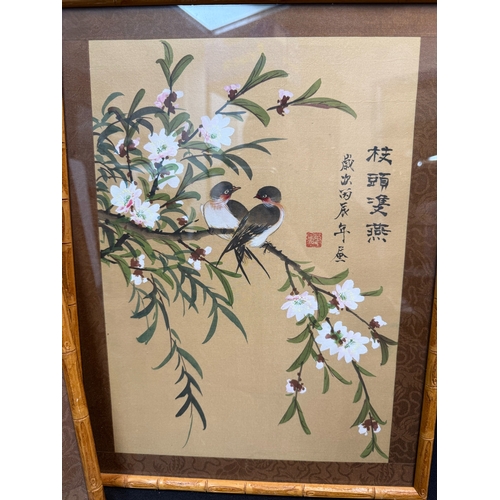 699 - Three 1960s Chinese Paintings on Silk Depicting Birds in Trees in Traditional Bamboo Frames